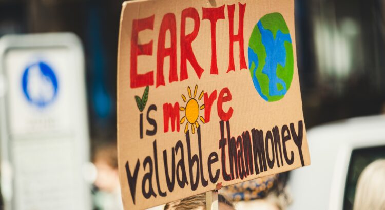 Picture of a cardboard sign that says Earth is More Valuable Than Money